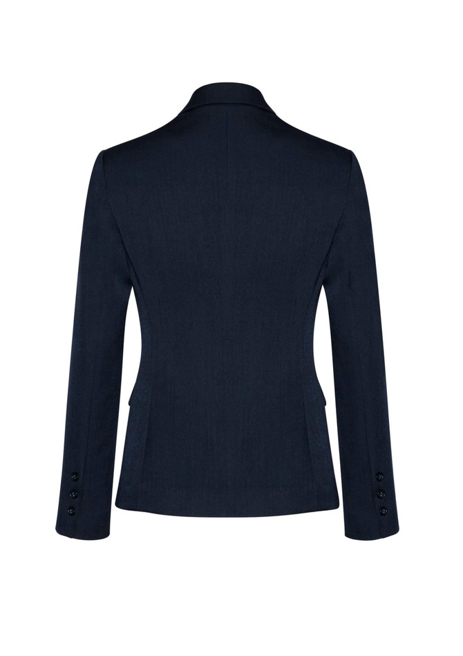 A dark navy mid-length women's blazer with a two-button closure and long sleeves, featuring a logo.