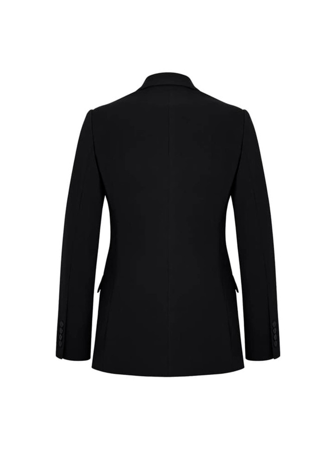 A black longline blazer with a tailored fit, featuring long sleeves and a sleek design, viewed from the back.