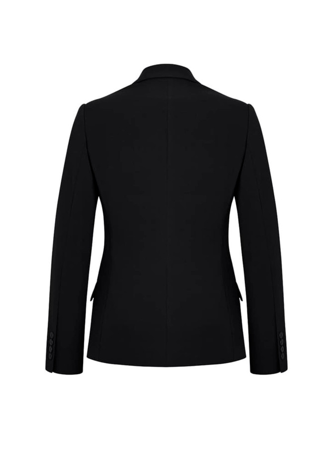 A black mid-length jacket with long sleeves and a tailored back design. It features a logo on the fabric.