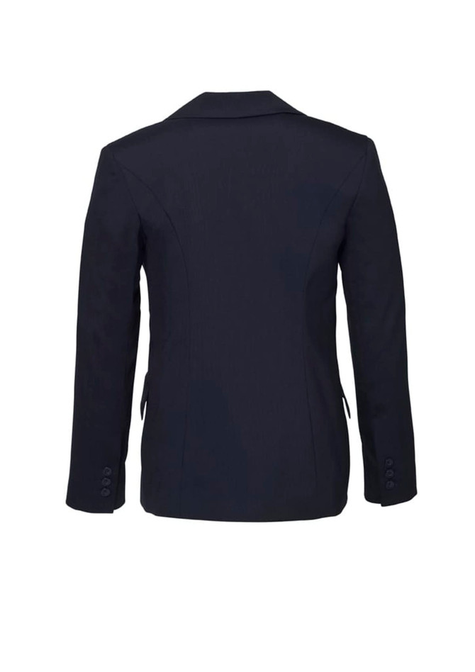 A women's longline jacket in dark navy with a fitted design and button details on the sleeves. It features a logo.