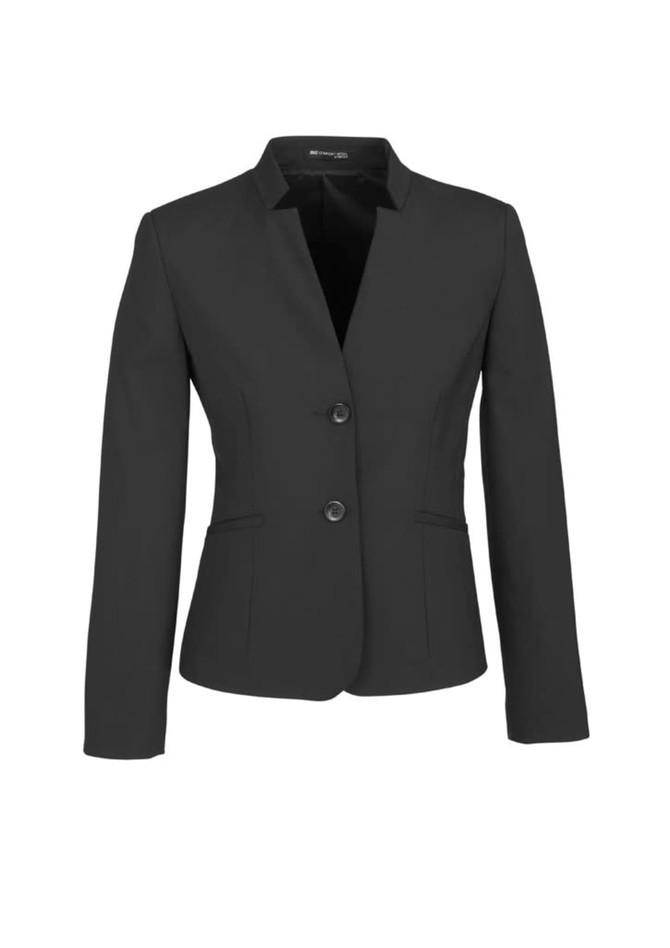 A black women's comfort wool stretch short jacket with reverse lapel and two buttons, featuring a subtle logo.