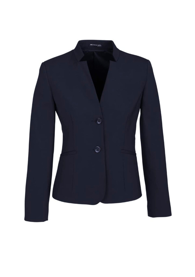 A women's navy wool stretch short jacket featuring a reverse lapel and two buttons, with a logo on the interior.