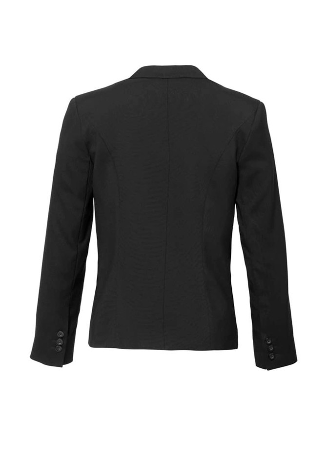 A women's black wool stretch short jacket with a reverse lapel and long sleeves, featuring buttoned cuffs.