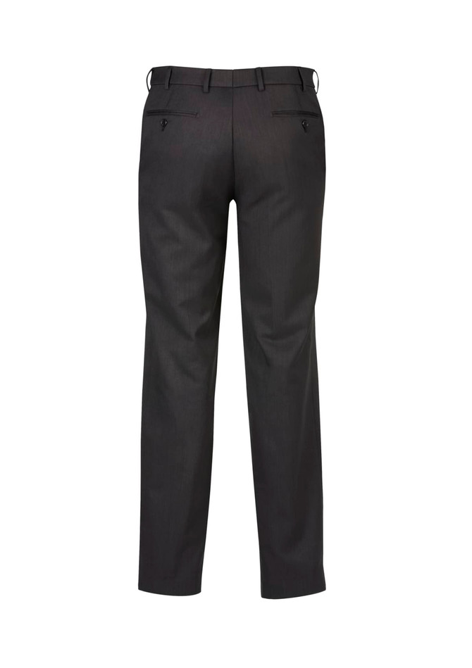 Flat front black slacks with a straight leg design and two rear pockets. Features a logo on the waistband.