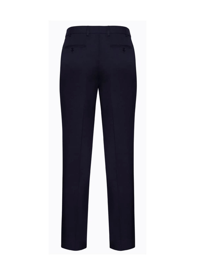Navy men's slimline pants with back pockets and a logo. Ideal for casual or business wear.