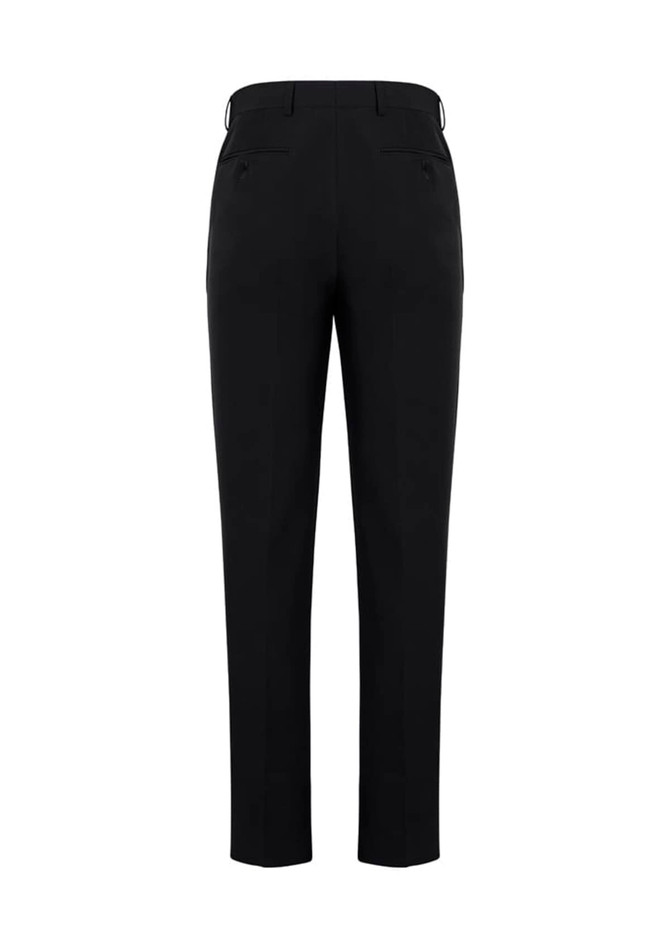 A pair of black slim fit flat front pants with a tailored design, featuring rear pockets.