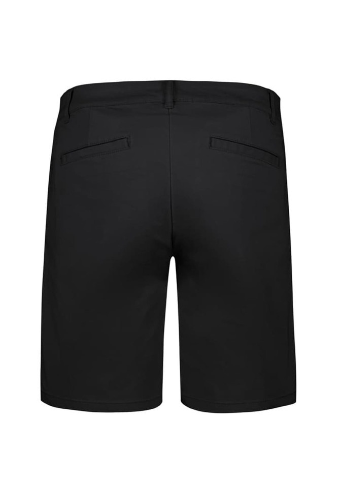 A pair of black women's chino shorts featuring back pockets and a sleek design. The shorts have a smooth finish and a waistband.