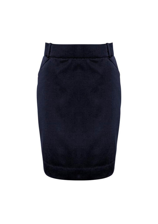 A navy women's skirt with a fitted design and pockets, featuring a waistband and a subtle logo detail.