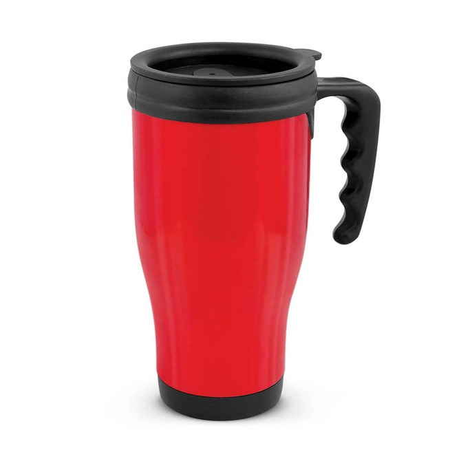 A drink bottle featuring a vibrant red body and a black handle, designed for convenient travel with a spill-proof lid.