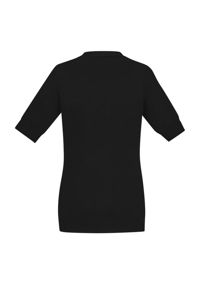 A black women's zip front short sleeve knit cardigan, featuring a simple design and ribbed hem detail.