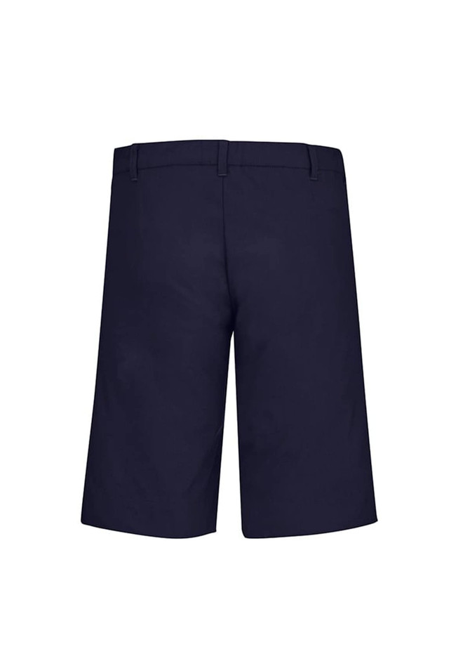 A pair of men's navy cargo shorts featuring a casual design and a logo on the waistband.