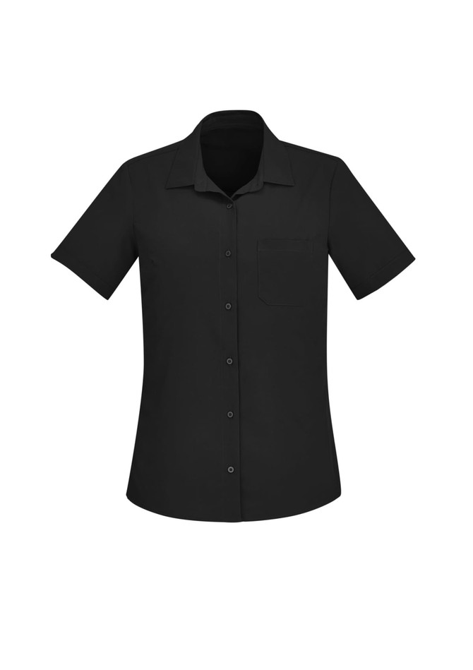 A black short sleeve shirt with a collar and a single chest pocket, featuring buttons and a simple design.