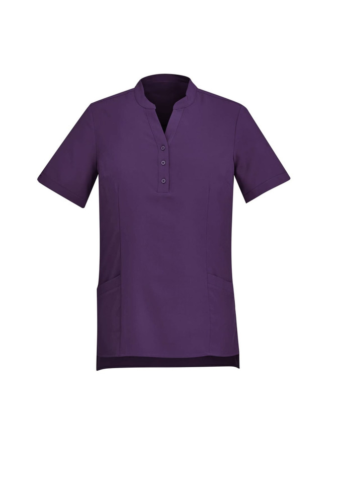 A purple women's tunic with a collar, short sleeves, and front buttons, featuring side pockets.