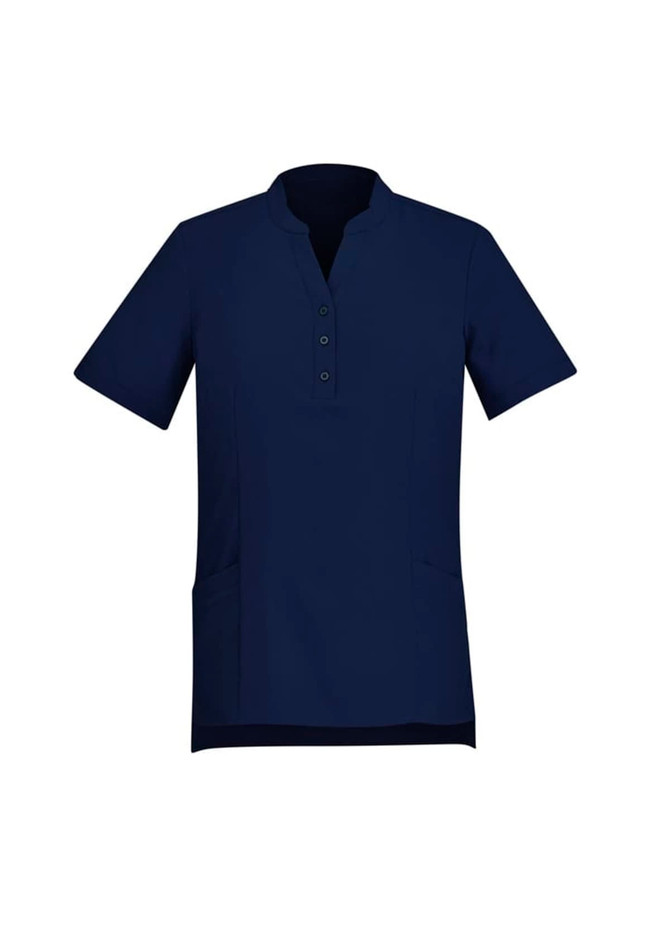 A navy blue women's tunic featuring a henley-style collar, short sleeves, and side pockets.