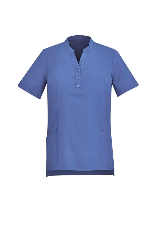 Blue women's tunic with short sleeves, a mandarin collar, and button details. Features two front pockets and a logo.
