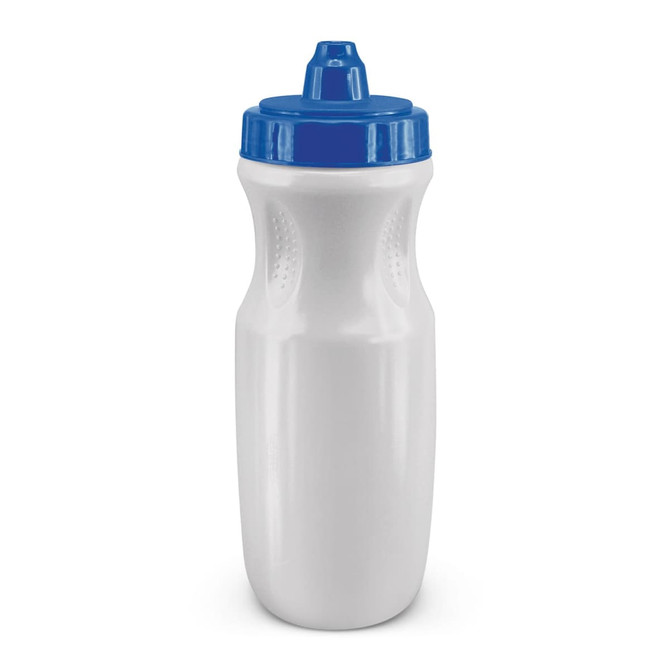 A drink bottle in white with a blue lid, featuring a textured grip and a visible logo.