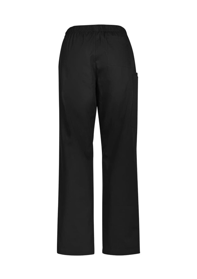 Black women's scrub pants with an elastic waistband and side pocket, featuring a simple design and no visible branding.