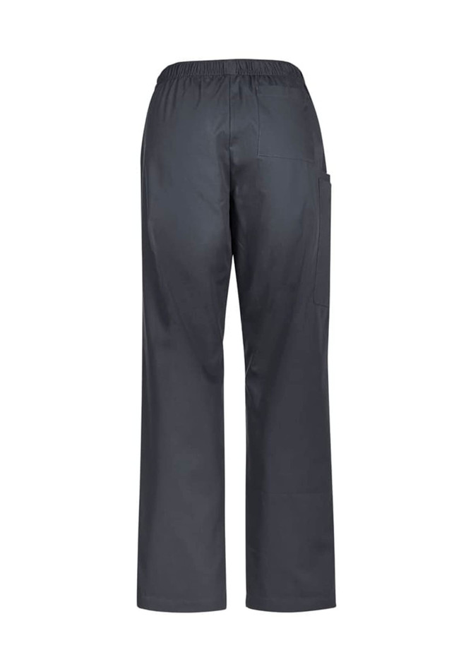 Grey women's scrub pants with an elastic waistband and side pockets, featuring a simple design and a branding label.