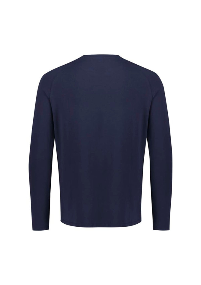 A navy long sleeve tee with a simple design and a branded logo on the back.