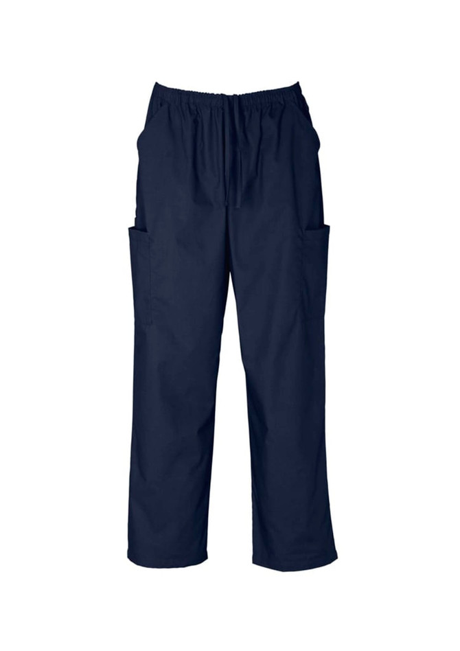 Unisex scrub cargo pants in navy, featuring an elastic waistband and multiple side pockets. Includes branding.