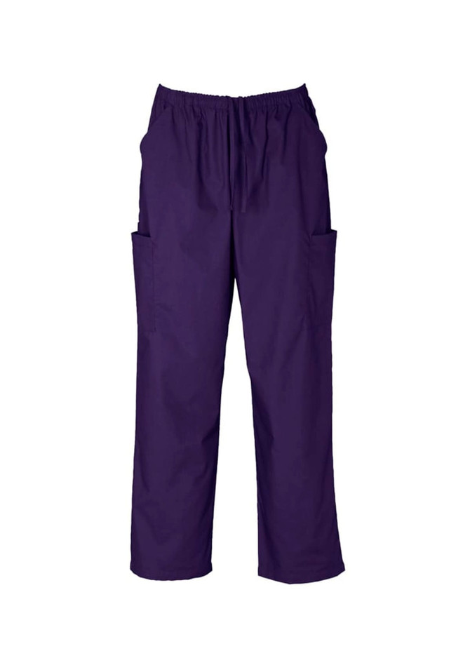 A pair of classic unisex scrub cargo pants in dark purple with an elastic waistband and side pockets.