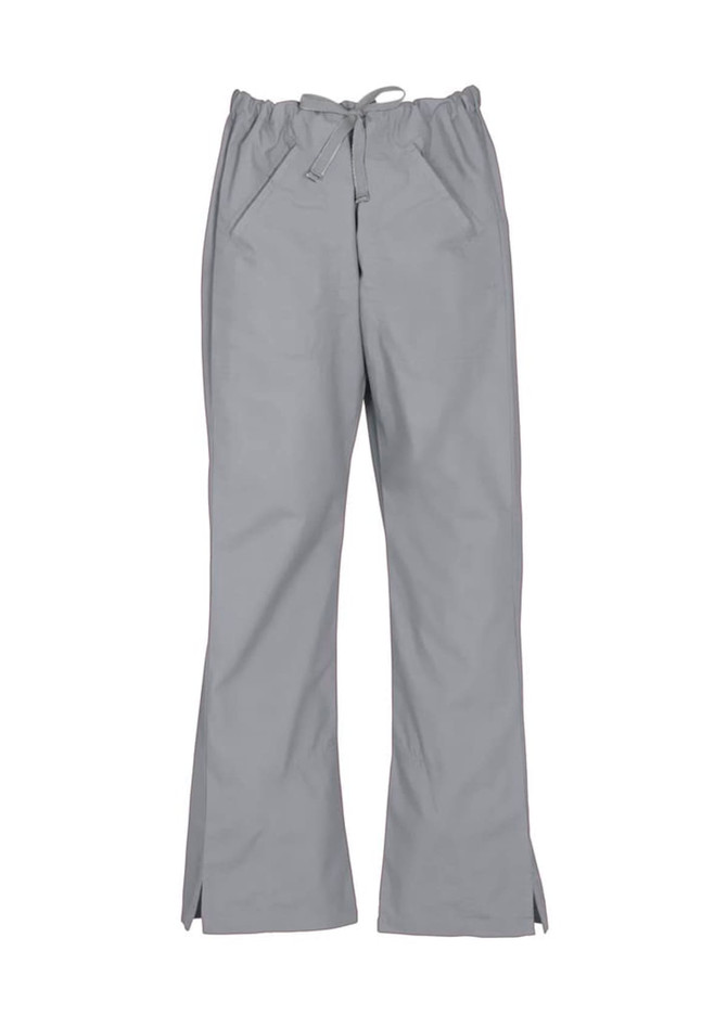 A pair of light grey bootleg scrub pants with a drawstring waist and side pockets. Features a logo.