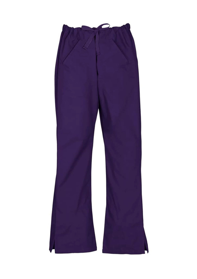 A pair of purple bootleg scrub pants with an elastic waistband and side pockets. The pants have a logo.
