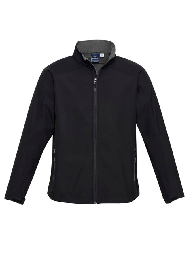 A black jacket with a front zipper, featuring side pockets and a collar. It includes a logo on the chest area.