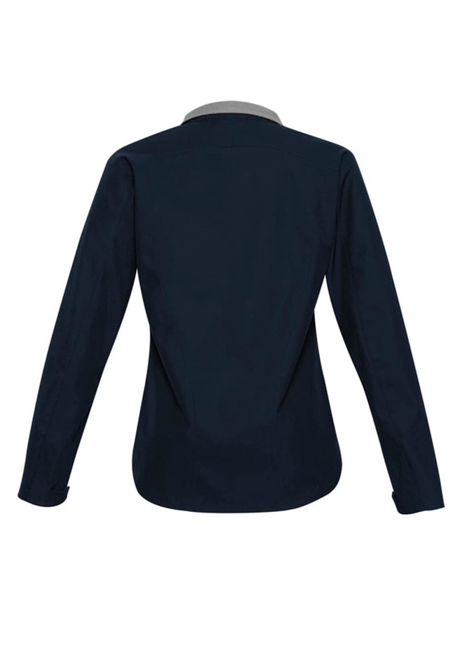 A soft shell jacket in navy with a collar and a fitted design. It features a branding logo.