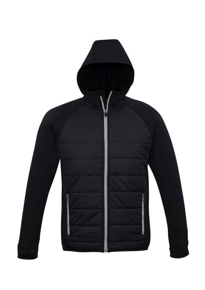 A puffer jacket in black with a hood and zippered pockets, featuring a logo.