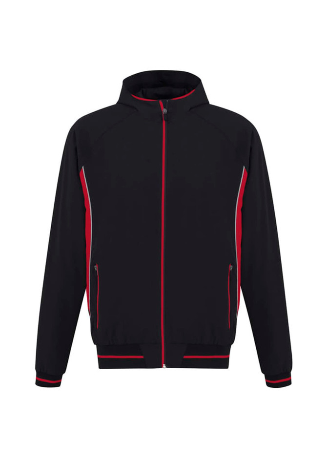 A black soft shell jacket with red accents, featuring a front zipper and side pockets. It has a logo on it.