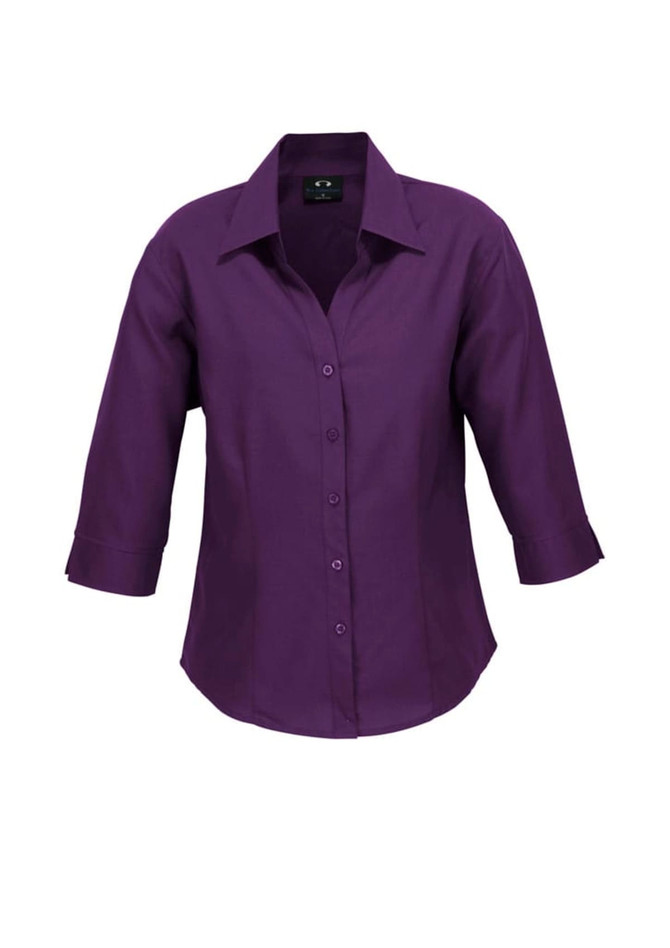 A purple ladies' shirt with 3/4 sleeves and a collar, featuring a button-down front and a logo.