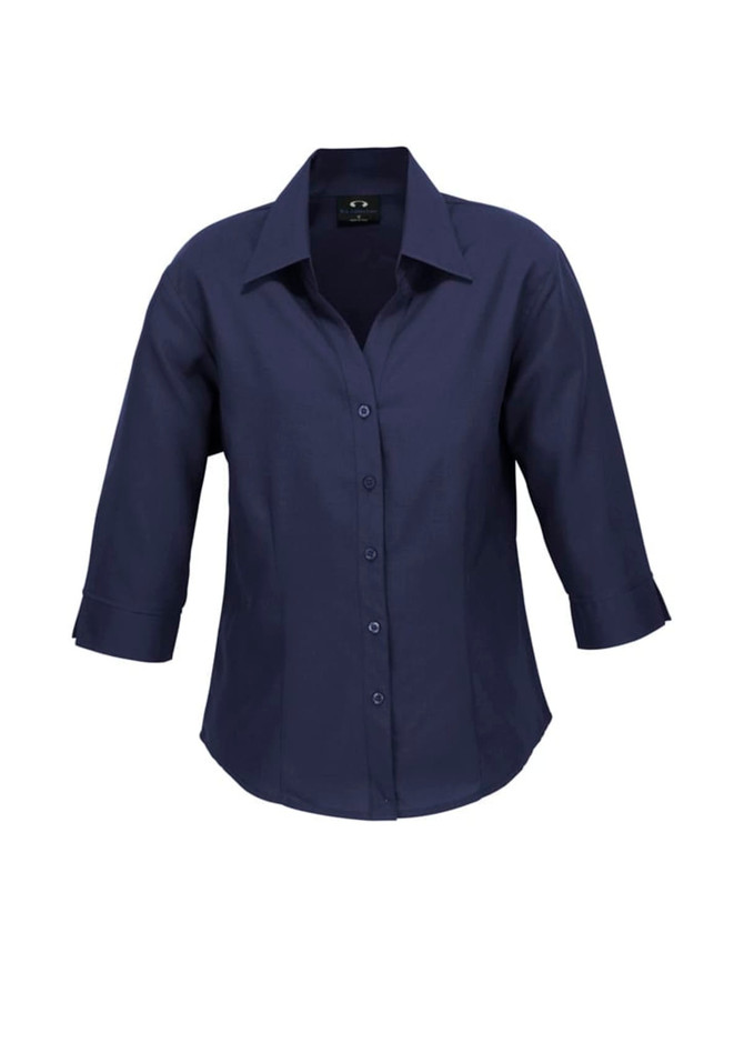 A navy blue ladies' 3/4 sleeve shirt with a collar and buttons, featuring a logo on the label.