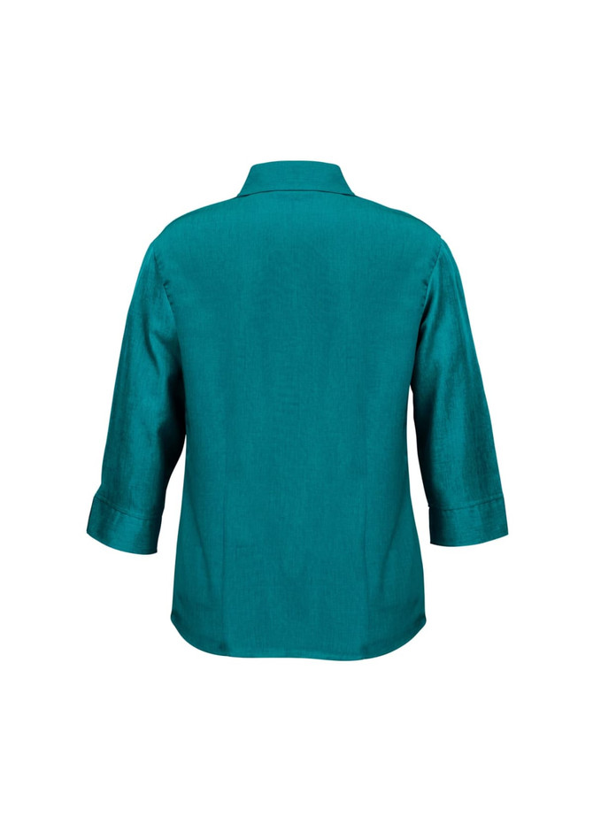 A teal women's 3/4 sleeve shirt with a collar and buttoned cuffs, featuring a logo on the back.