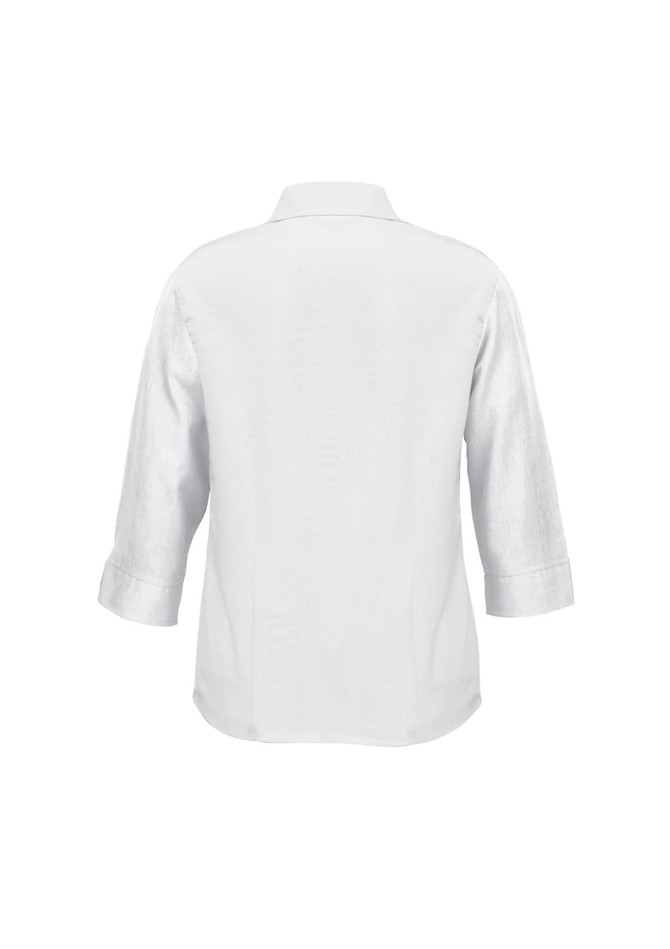 A white women's shirt with 3/4 sleeves and a collar, featuring a logo on the back.