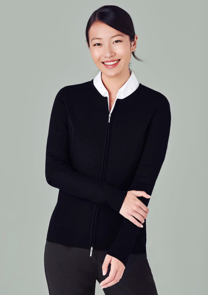 Women’s 2-way zip cardigan in black, featuring a sleek design and a white collared shirt underneath.