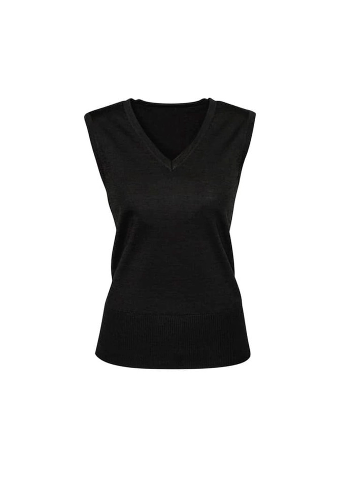 A black women's vest with a V-neckline and sleeveless design, featuring a ribbed hem.