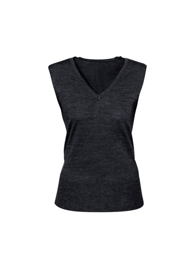 A dark grey women's vest featuring a V-neck design and sleeveless cut, with a logo on the product.