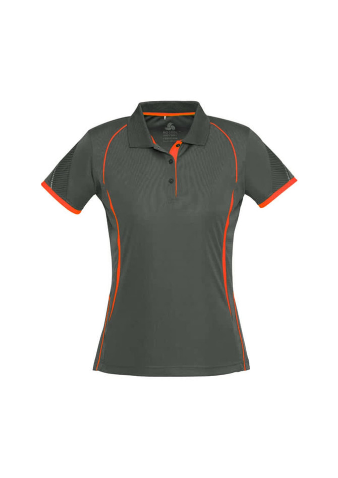 A women's polo shirt in dark grey with orange accents and a logo. Features short sleeves and a classic collar design.