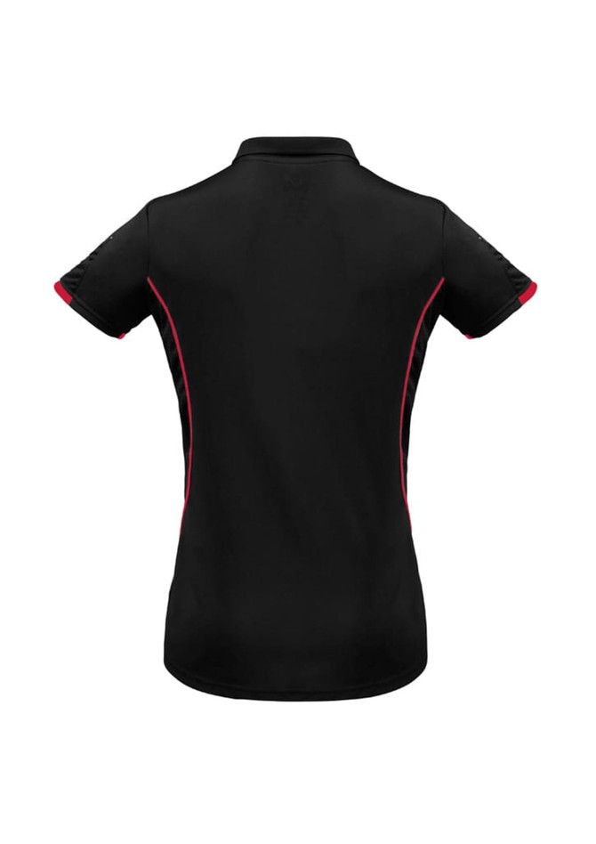 A short sleeve polo shirt in black with pink accents and a logo on the side.