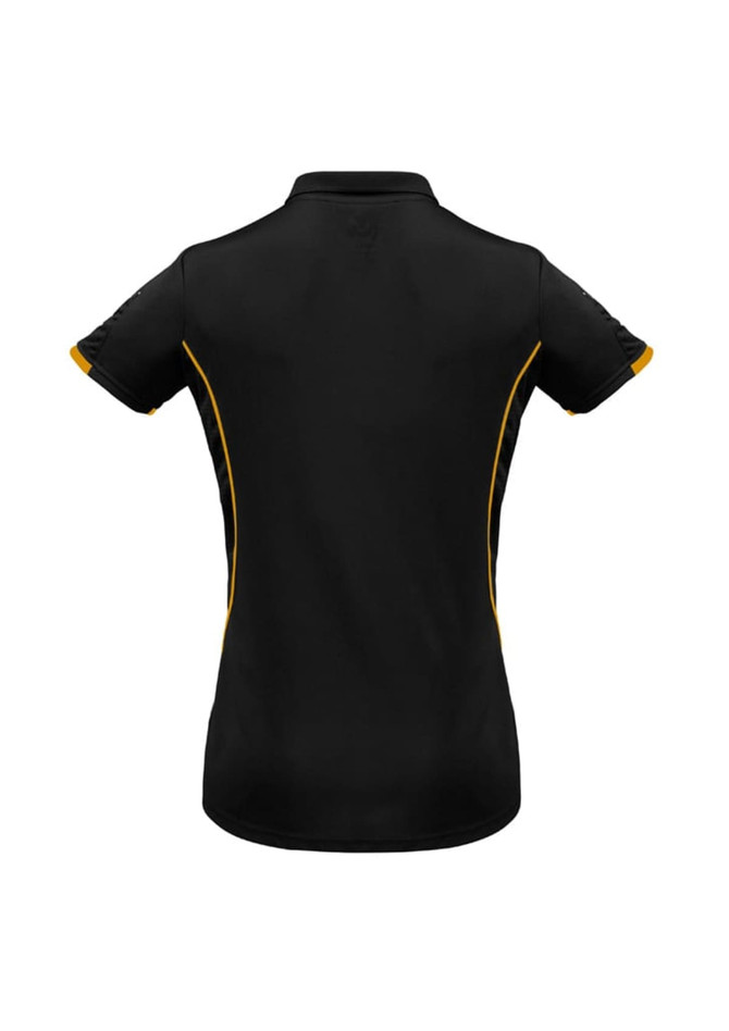 A women's short sleeve polo shirt in black with yellow accents and a logo on the upper back.
