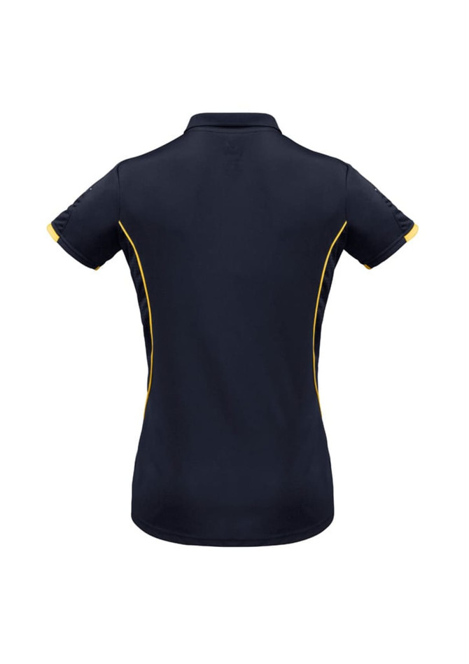 A women's short sleeve polo shirt in navy blue with yellow accents and a logo on the back.