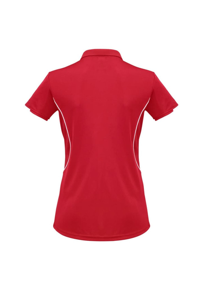 A red women's short sleeve polo shirt featuring white detailing and a logo. The back view highlights the cut and style.