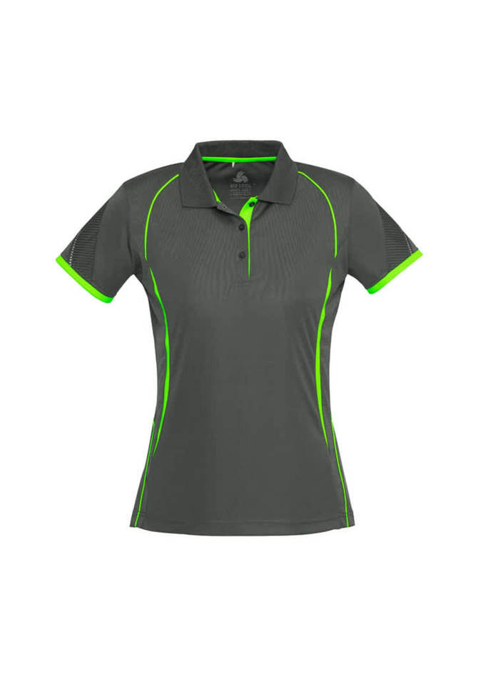 A women's short sleeve polo shirt in grey with bright green accents and mesh panels. Features a logo on the chest.