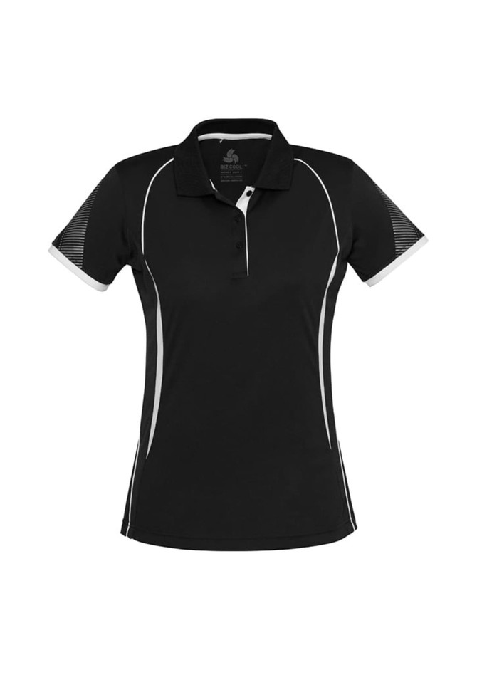 A black women's short sleeve polo shirt with white accents and mesh detailing, featuring a logo.