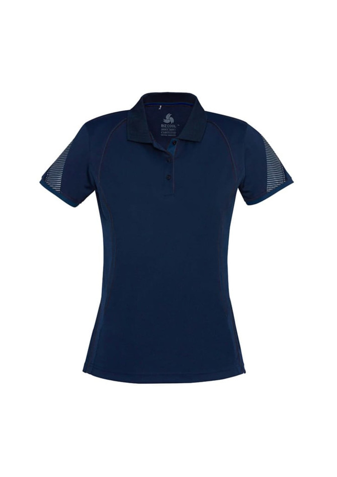 A women's short sleeve polo shirt in navy, featuring mesh detailing on the shoulders and a logo.