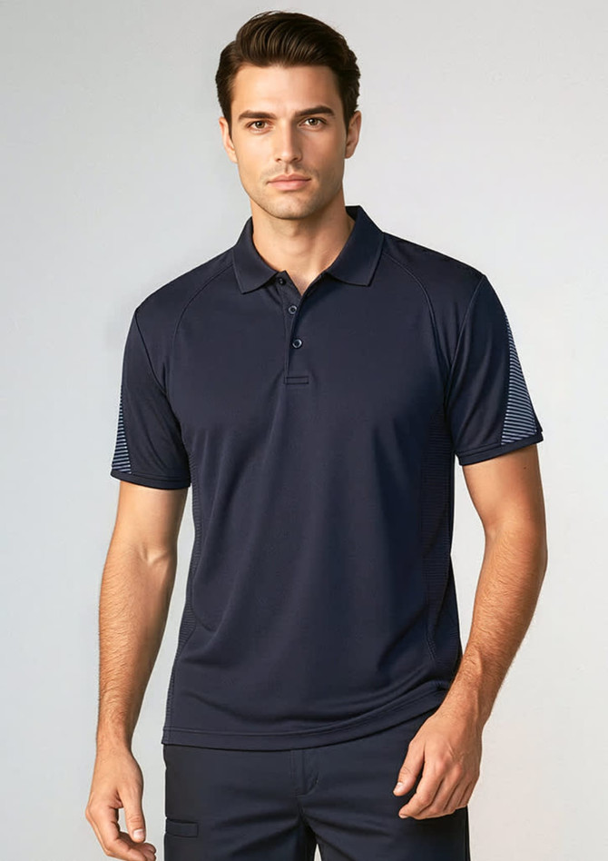 A navy blue men's polo shirt with short sleeves and a branding logo on the chest.