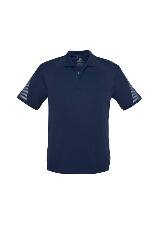A navy blue short sleeve polo shirt featuring a patterned texture on the sleeves and a logo.