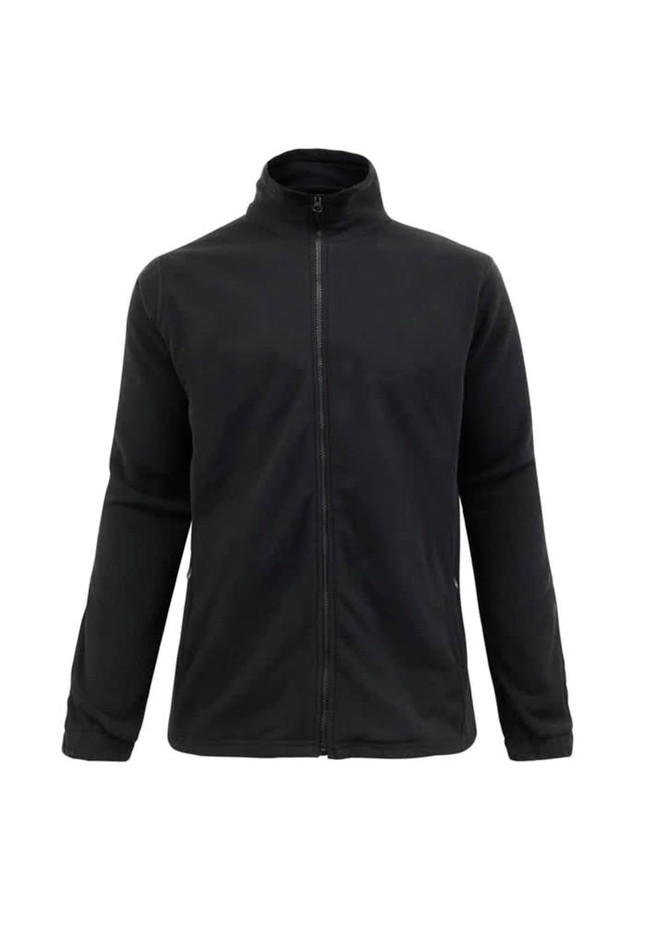A plain black micro fleece jacket with a zippered front and a high collar, featuring long sleeves and a logo.