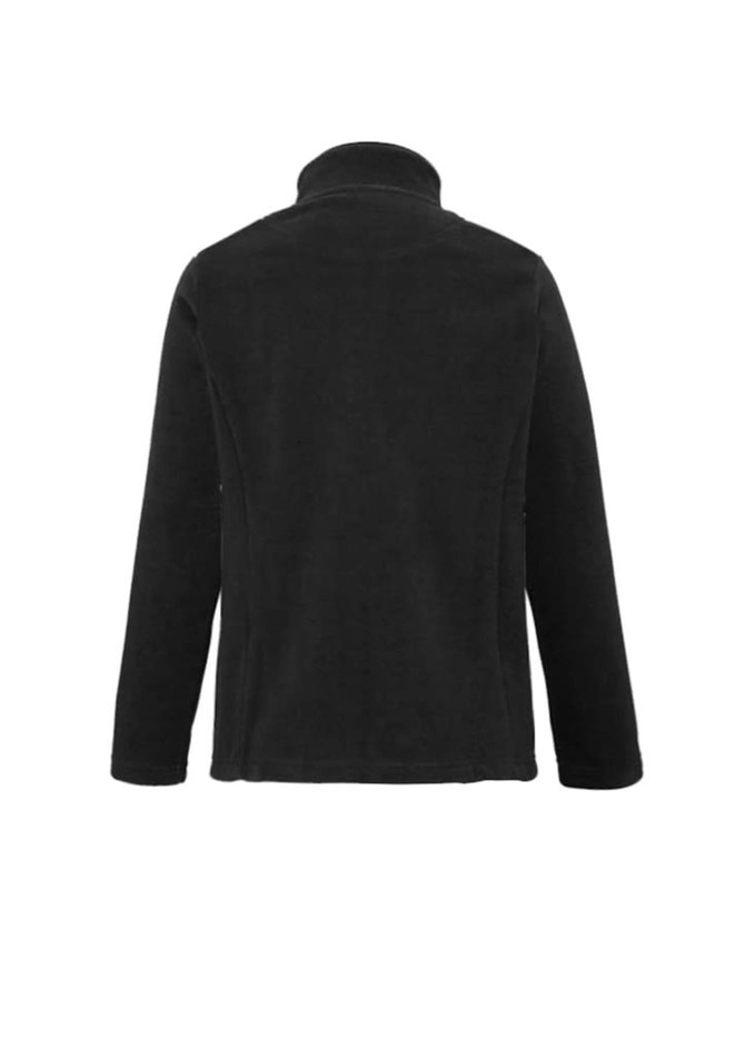 A black women's plain micro fleece jacket with a high collar and long sleeves, featuring a logo.